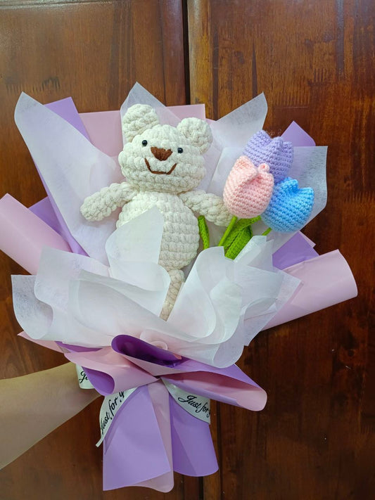 Smilling Bear with 3 Tulips Hand Bouquet